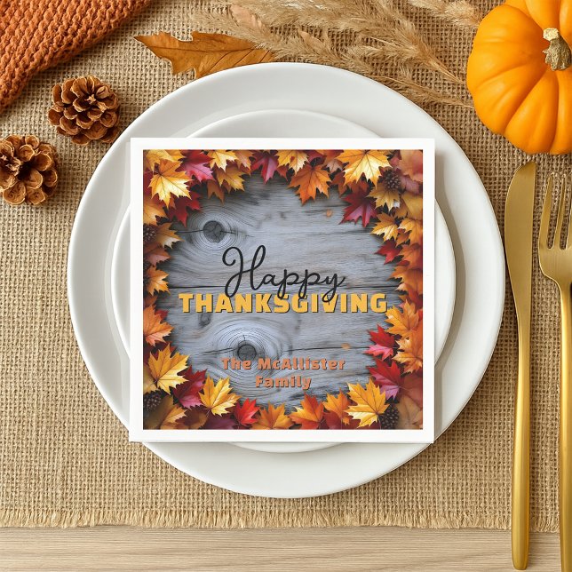 Rustik Trä Höstblad Familjens Tacksgiving Pappersservett (Skapare uppladdad)