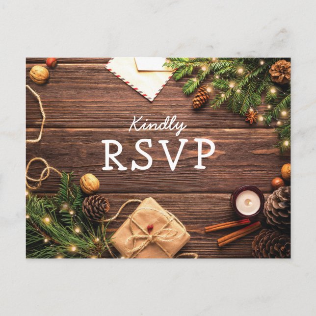 Rustik Trä Jul Vinter RSVP Inbjudan Vykort (Framsida)
