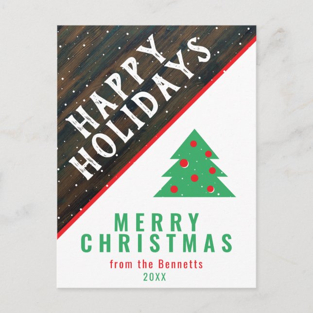 Rustik Trä Julgran Röd Namn Jul Helg Vykort (Framsida)