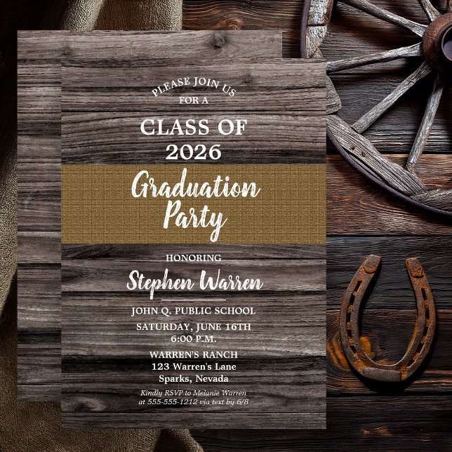 Rustik Trä Jute Icke Foto Examenfest Inbjudningar (Non Photo Graduation Invitation Rustic Barn Wood & Burlap Class of 2026)