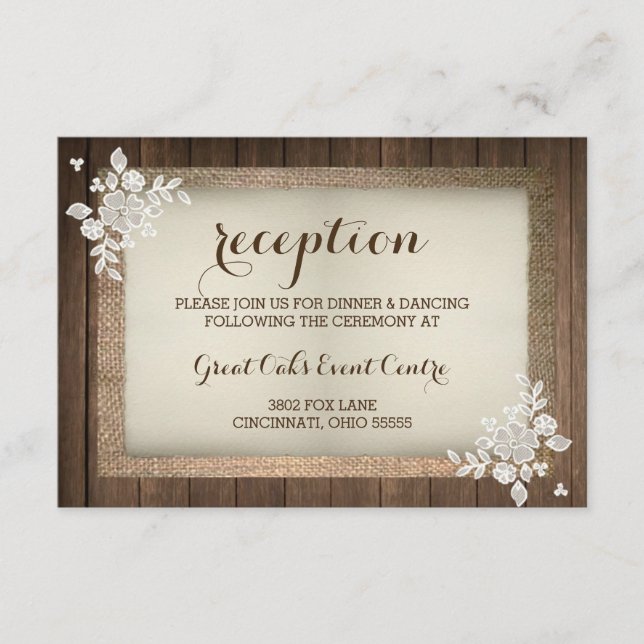 Rustik trä-, jutesäck- och spetsbröllopsreceptions tilläggskort (Framsida)