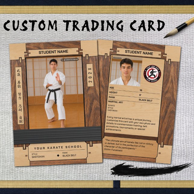 Rustik trä karate svart bälte byteskort (A Black Belt is earned through commitment—celebrate the milestone with a personalized trading card.)