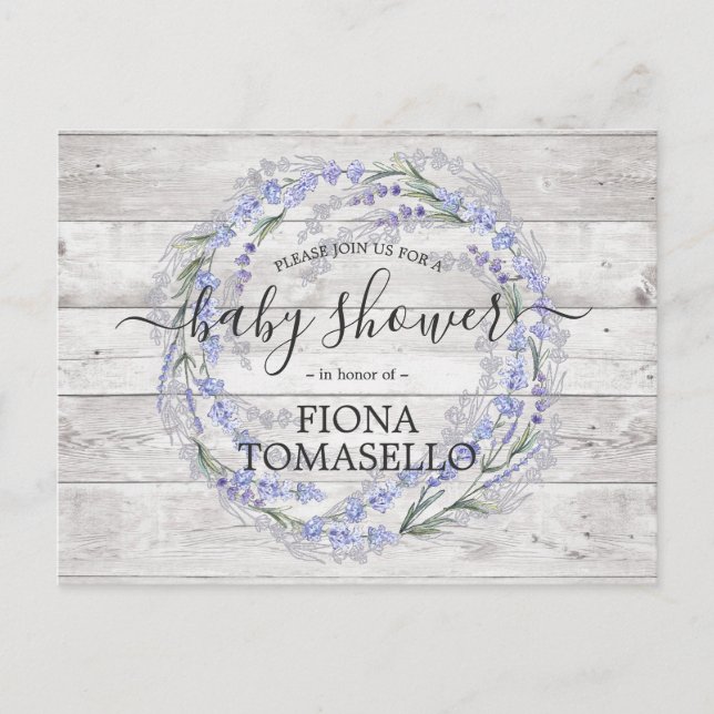 Rustik Trä Lavendel Blommig Krans Baby Shower Inbjudan Vykort (Framsida)
