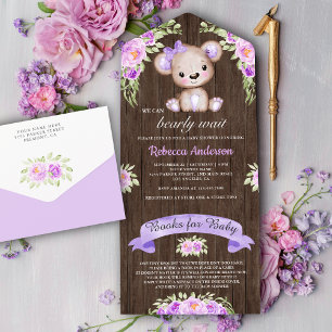 Rustik Trä Lila Blommig Teddybjörn Baby Shower