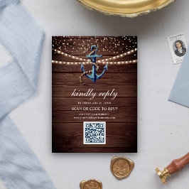Rustik Trä Marinblå Ankare QR-kod RSVP Bröllop Tilläggskort