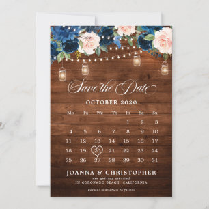 Rustik Trä Marinblå Blommig Murarvas Kalender  Spara Datumet