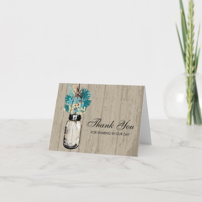 Rustik trä murar kruka fylld med vilda blommor tack kort (Framsida)