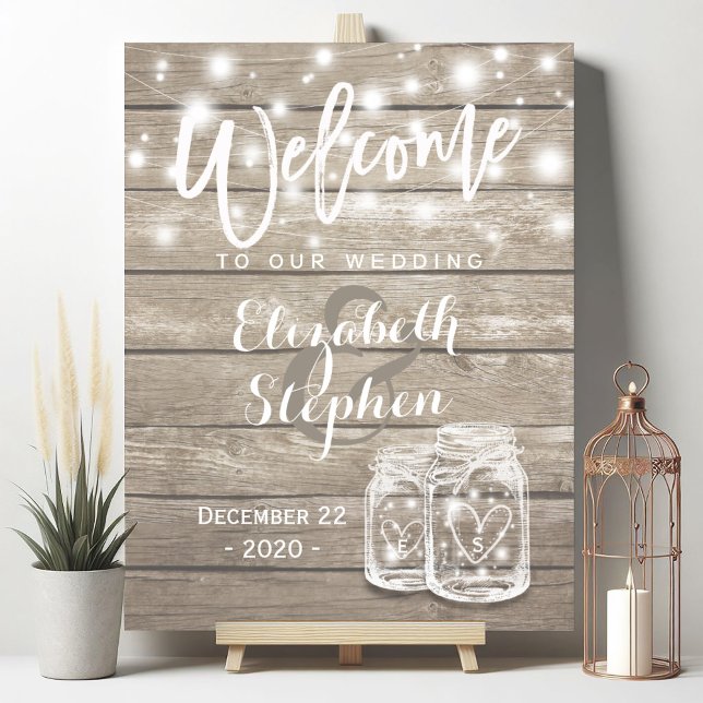 Rustik trä murbrukslampa strängljus bröllop välkom poster (Skapare uppladdad)