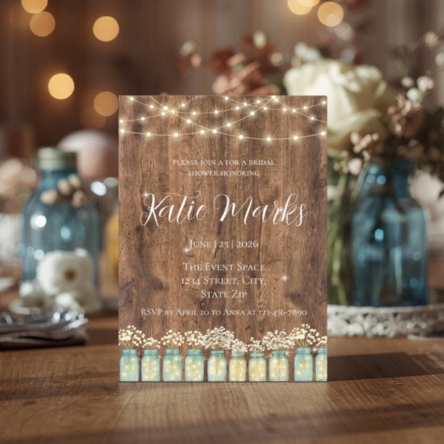 Rustik Trä Murkla och Änglaljus Bröllopsdusch Inbjudningar (Rustic bridal shower invitation mockup with blue mason jars and fairy lights)