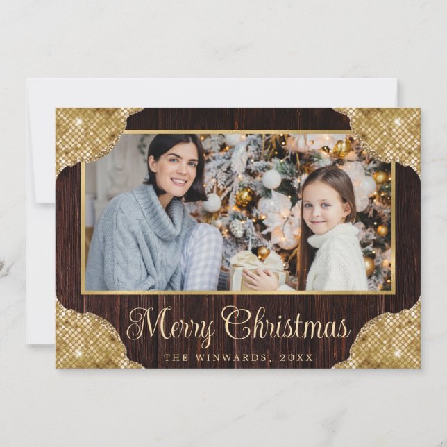 Rustik Trä och Guld Glitter Kanter Familjefoto Julkort (Framsida)