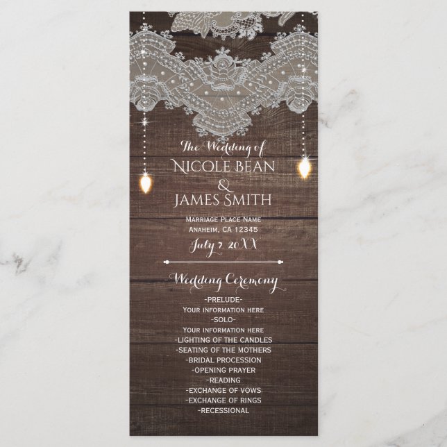 Rustik trä- och vintage spets- och belysningsprogr program (Framsida)