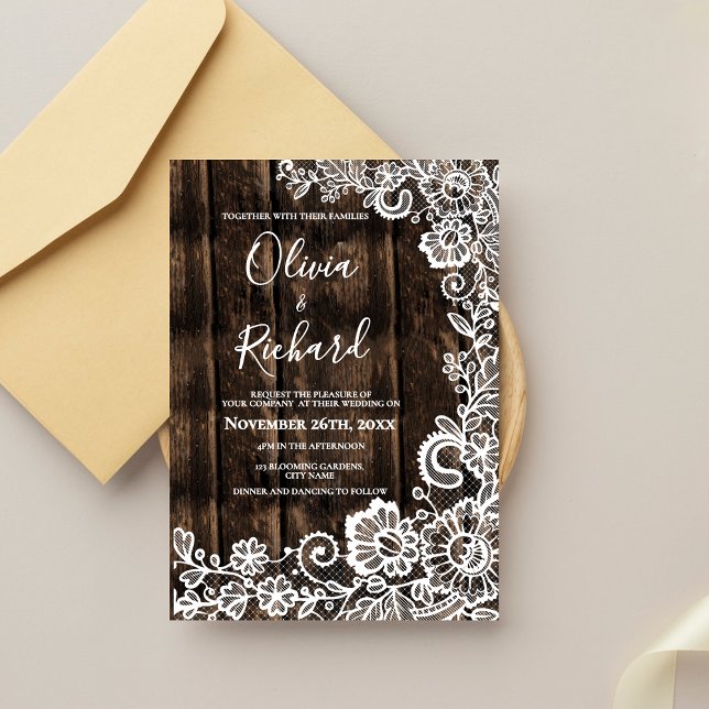 Rustik Trä och Vit Spets Blommig Bröllop Inbjudningar (Rustic Wood and White Lace Floral Wedding Invitation)