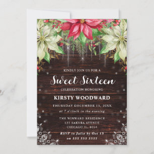Rustik Trä & Poinsettia Sweet Sixteen Inbjudningar