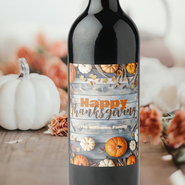Rustik Trä Pumpa Thanksgiving Vänner-gilla Vinflaska Etikett (Skapare uppladdad)