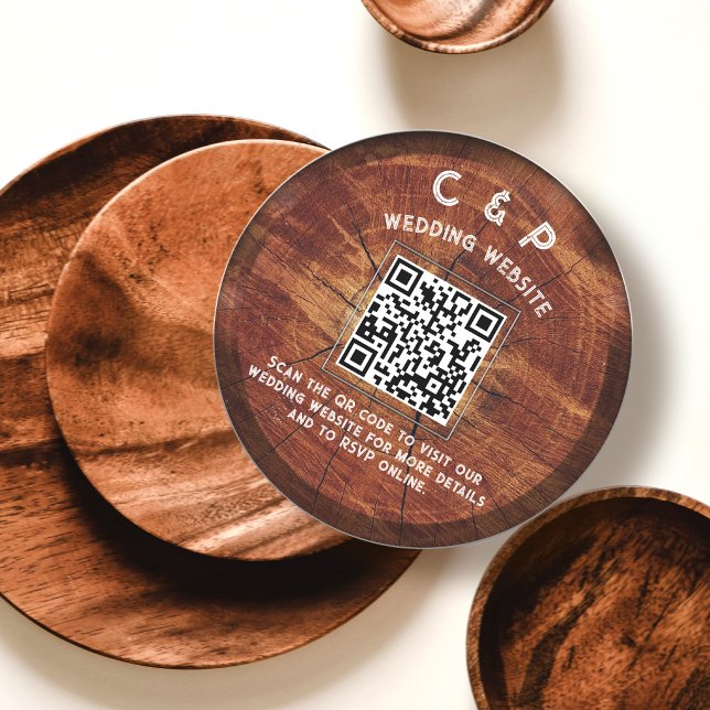 Rustik Trä QR-kod Bröllop Anpassad Monogram Rund  Julkort (Skapare uppladdad)