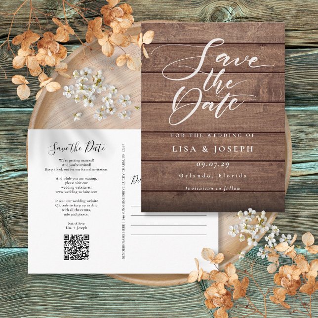 Rustik Trä QR-kod Manus Spara Datum Vykort (Rustic Wood QR Code Script Save the Date Postcard
)