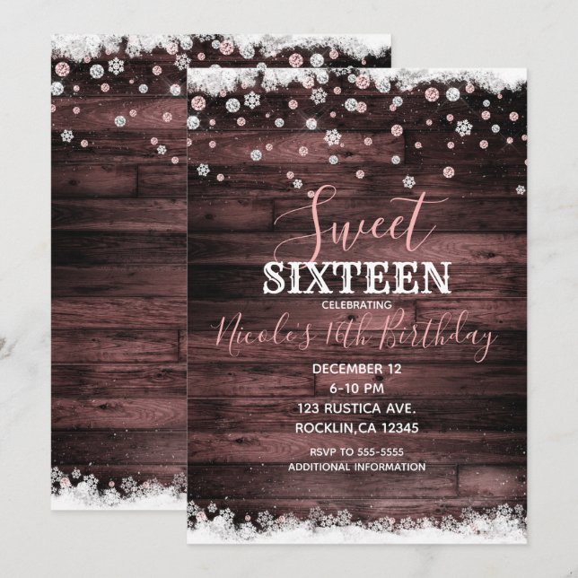 Rustik Trä Rosa Ros Snöig Vinter Söt 16 Födelsedag Inbjudningar (Fram/baksida)