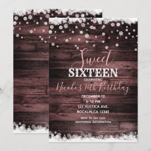 Rustik Trä Rosa Ros Snöig Vinter Sweet 16 Fest Inbjudningar