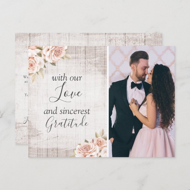 Rustik Trä & Rosor Shabby Bröllop Tack Foto Vykort (Fram/baksida)
