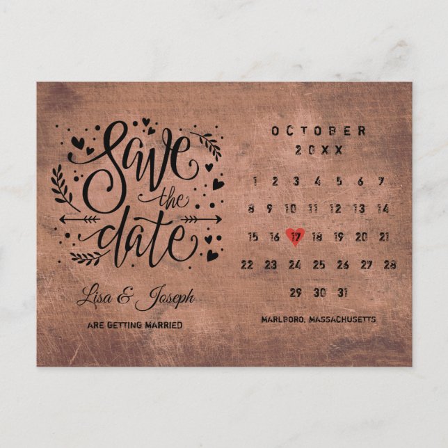 Rustik Trä Save the Date-kalender Röd Kärlekshjärt Meddelande Vykort (Framsida)
