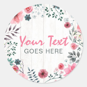 Rustik Trä Shabby Chic Rosa Rosor Anemoner Blommor Runt Klistermärke