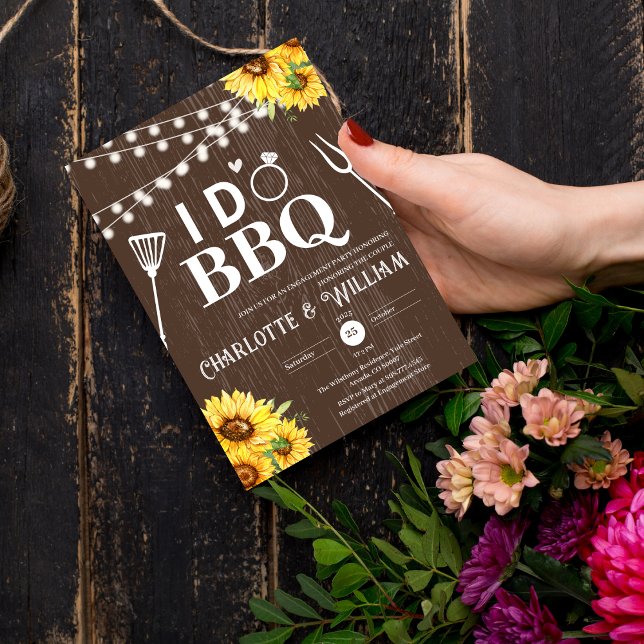 Rustik Trä Solros Jag Gör BBQ Förlovningsfest Inbjudningar (Rustic Wood Sunflower I Do BBQ Engagement Party Invitation country wedding grill wooden floral flowe)