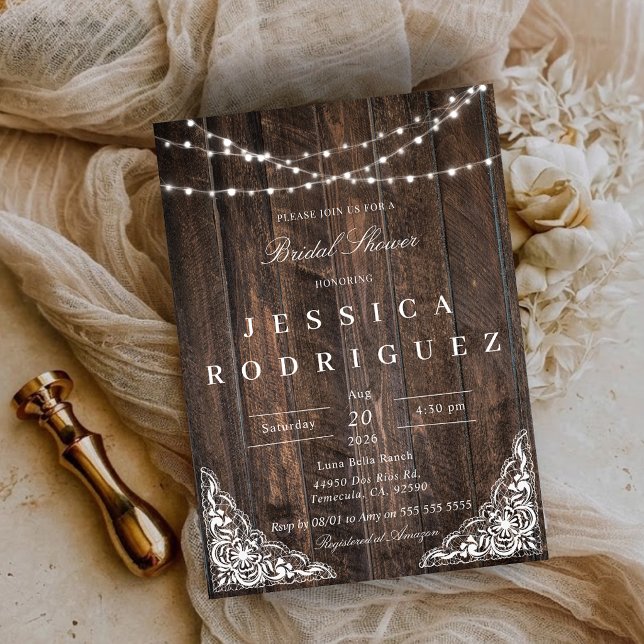 Rustik Trä Spets Bröllopsfest Inbjudan (Rustic Wood Lace Bridal Shower Invitation)