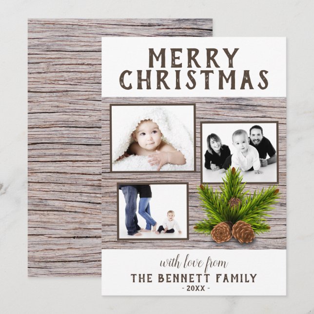 Rustik Trä Tall 3 Foto Collage Jul Kort (Fram/baksida)
