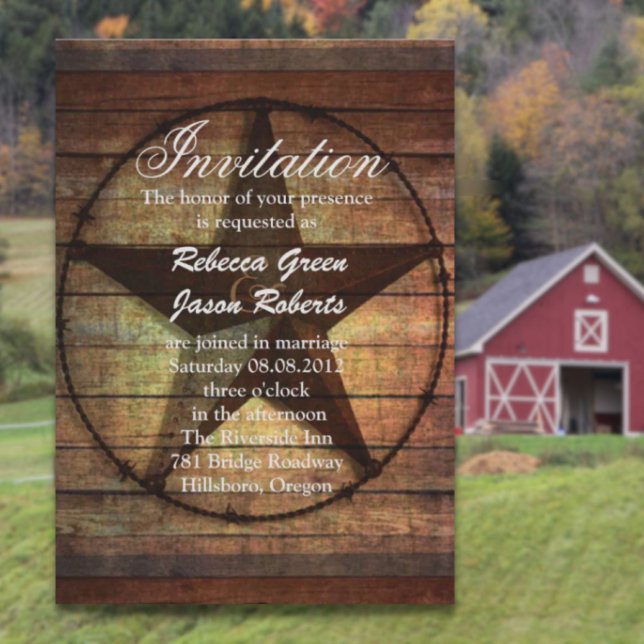rustik trä texasstjärna västerländsk bröllopsinbju inbjudningar (rustic wood texas star western wedding invitation)