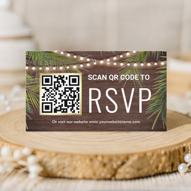 Rustik Trä Tropisk Palm QR-kod RSVP Bröllop Tilläggskort (Skapare uppladdad)