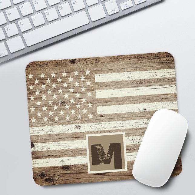 Rustik Trä USA Flagga Monogram Musmatta (Rustic Wood USA Flag Monogram Mouse Pad)