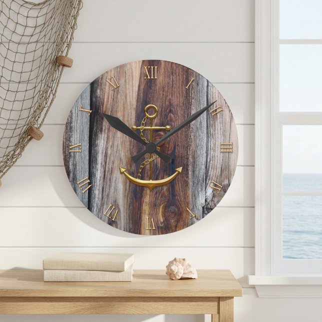 Rustik Trä Väggur med Ankare Tema (Nautical wall clock featuring a golden anchor and roman numbers (optional) on rustic driftwood)
