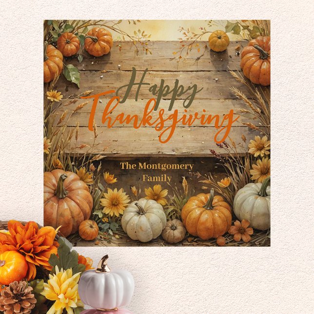 Rustik Trä Vattenfärg Pumpa Familj Thanksgiving Poster (Skapare uppladdad)