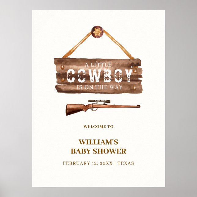 Rustik Trä Vild Cowboy Pistol Baby Shower Välkomst Poster (Framsidan)