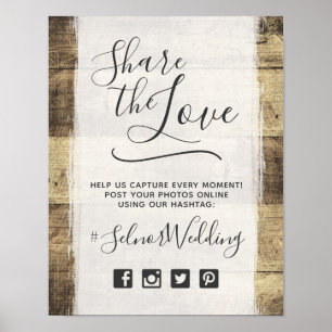 Rustik Trä Vintage Landsbygd Bröllop Hashtag Foto Poster