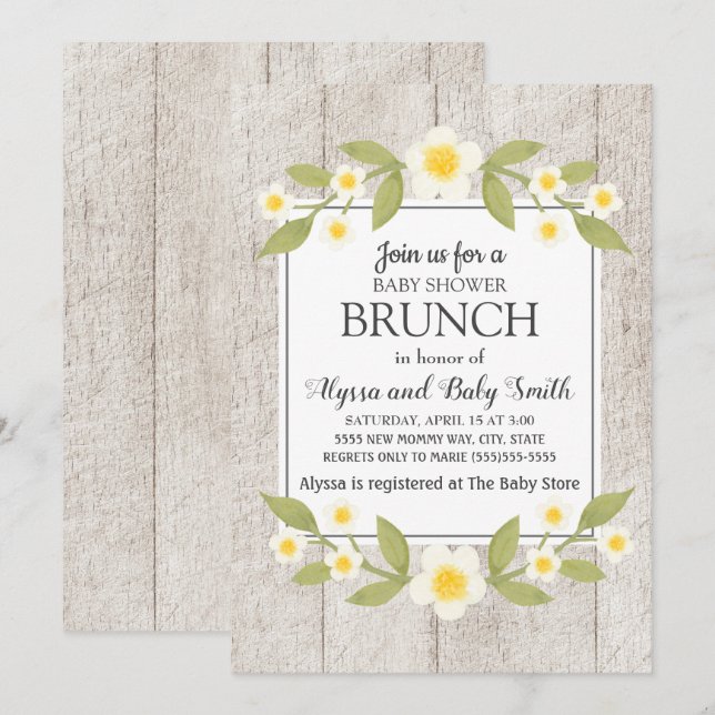 Rustik Trä Vit Blommig Baby Shower Brunch Inbjudningar (Fram/baksida)