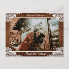 Rustik Trä & Vit Spets Bröllopsfoto Meddelande Vykort