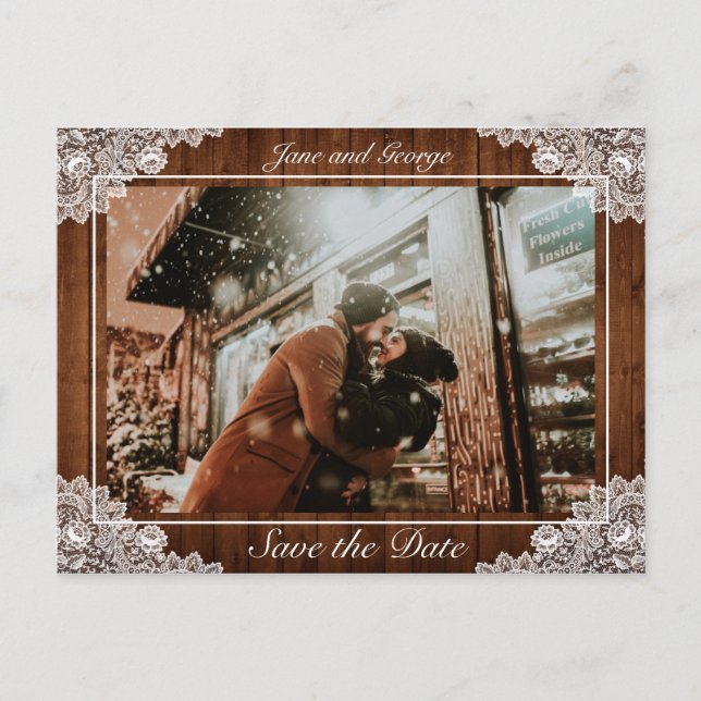 Rustik Trä & Vit Spets Bröllopsfoto Meddelande Vykort (Framsida)