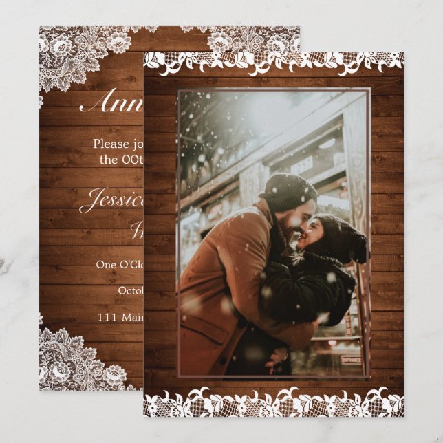 Rustik Trä & Vit Spets Foto Bröllopsdag Inbjudningar (Fram/baksida)