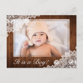 Rustik Trä & Vit Spets Nyfödd Baby Pojke Foto Meddelande Vykort