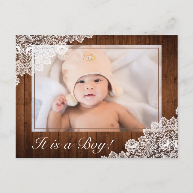 Rustik Trä & Vit Spets Nyfödd Baby Pojke Foto Meddelande Vykort (Framsida)