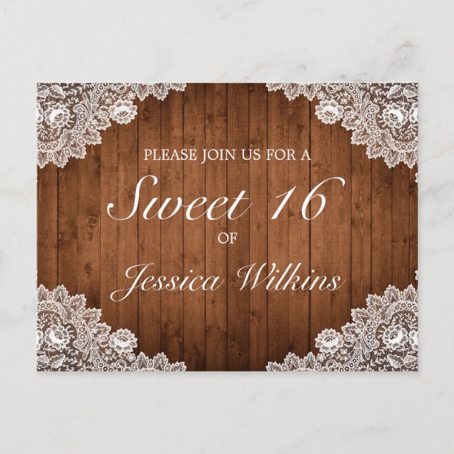 Rustik Trä & Vit Spets Sweet 16 Meddelande Vykort (Framsida)
