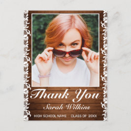 Rustik trä & vit spets tackkort för examensfoto vykort