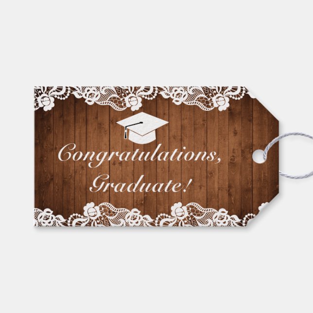 Rustik Trä Vitt Spets Examen Grattis Presentetikett (Framsidan (Horisontell))