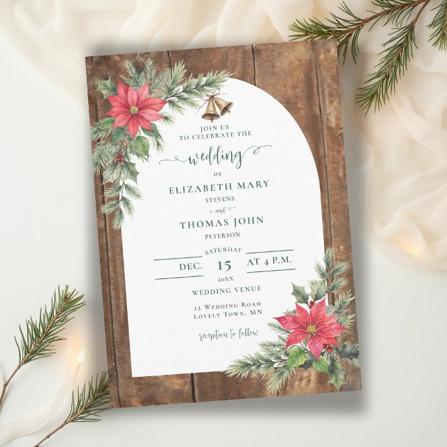 Rustik träbåge med grönska jul vinttenbröllop inbjudningar (winter wedding invitation rustic wood greenery floral poinsettia christmas green red elegant )