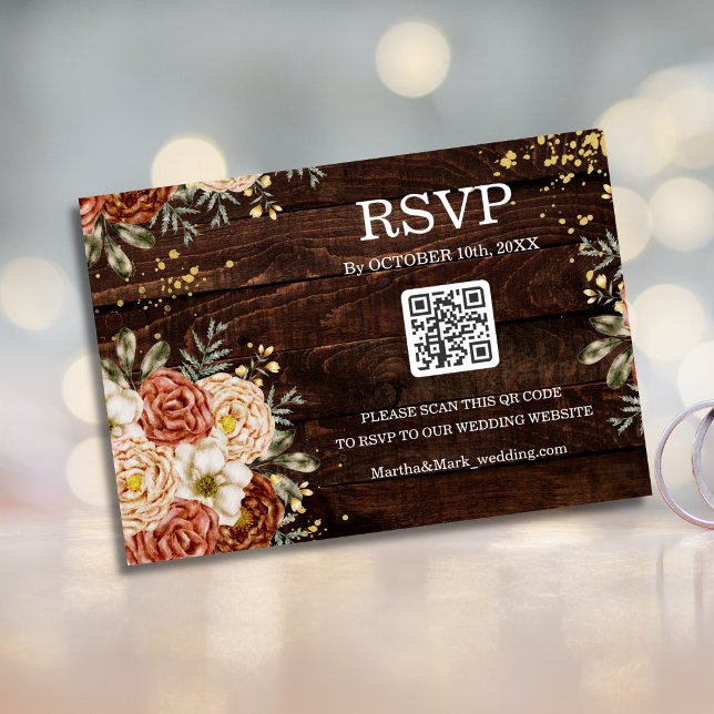 Rustik Träblommig QR-kod Bröllopsinbjudan Inbjudningar (Skapare uppladdad)