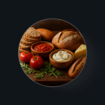 Rustik träbräda med konstnäll ost knapp<br><div class="desc">Fotofoto av professionell i ett varmt, rustiskt stil med ett träserveringsbord med ett sortiment av ärtbröd - crusty loaf, rolls och hela sädesskivor - parad med en ostkil, två små skålar av tomatsås och gräddsprit samt färska tomater med arugula. Mjuk, varm belysning framhäver naturligt struktur och färg, vilket tyder på...</div>