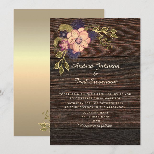 Rustik Träbröllopsinbjudan med Blommor Inbjudningar (Fram/baksida)