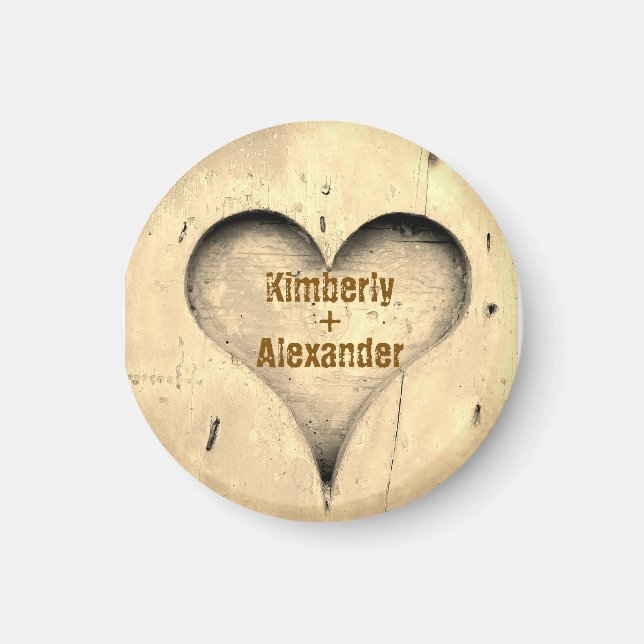 Rustik Träd och Hjärtas Present med Par Namn Magnet (Framsidan)