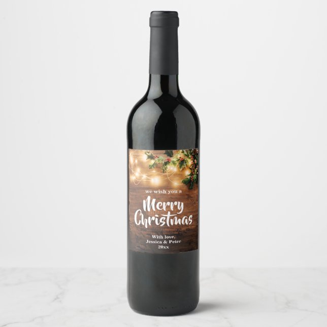 Rustik träd och ljus God Jul Vinfetikett Vinflaska Etikett (Framsida)
